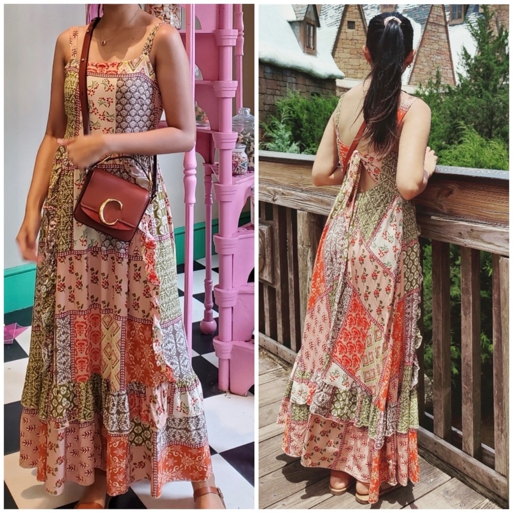 Boho Patchwork Maxi Dress in Peach & Olive